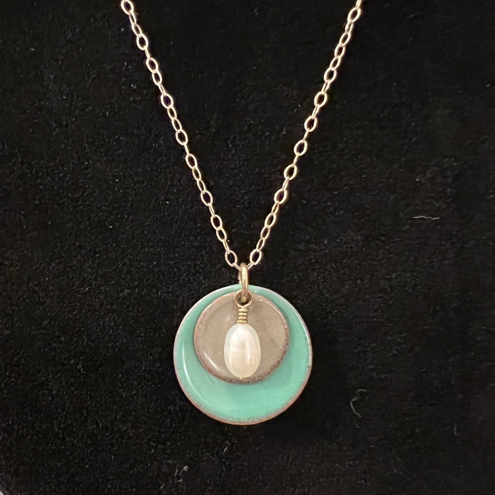 NEW Handmade Enamel Copper Disks & Freshwater Pearl Sterling Necklace - Picture 5 of 9